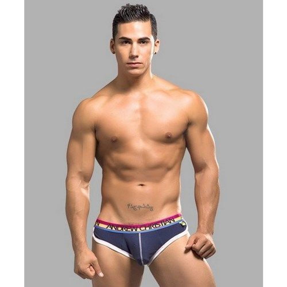 Мужские трусы брифы темно-синие с цветной резинкой Andrew Christian  AC9764