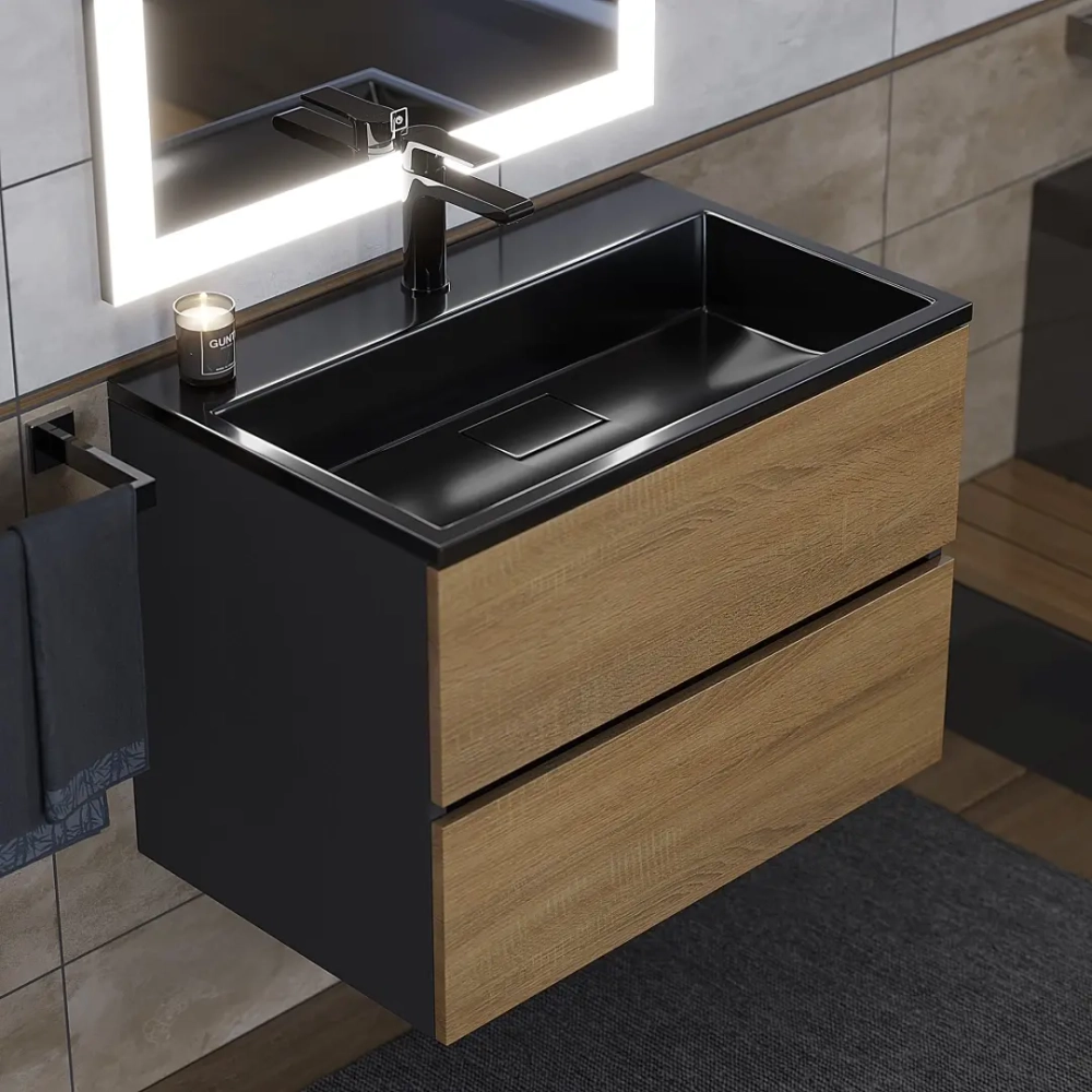 Тумба с раковиной Uperwood Barsa 70 см, раковина черная глянцевая, подвесная тумба черная/дуб сонома