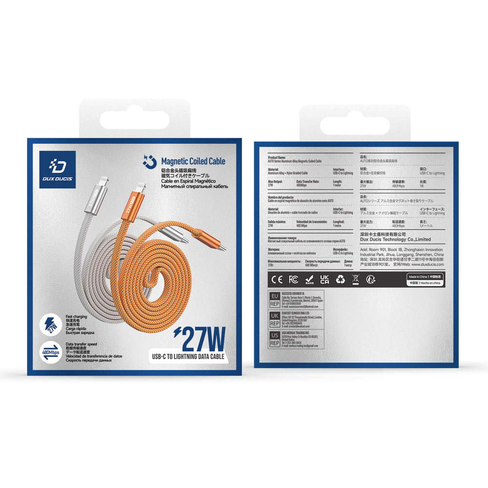 Магнитный кабель оранжевого цвета для быстрой зарядки 27W, длина 100см (1м) с разъемом Type C на Lightning, серия AUTO Series Aluminum от Dux Ducis