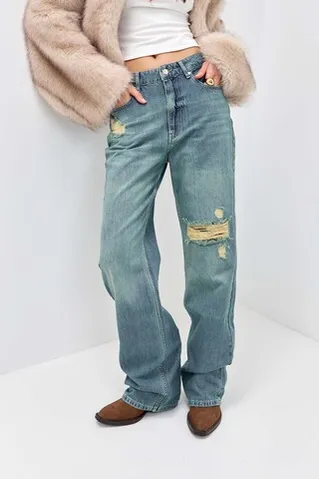 Джинсы wide leg с потертостями сине-зеленого цвета