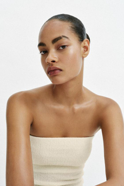 ZARA ПЛАТЬЕ МИДИ С ОТКРЫТЫМИ ПЛЕЧАМИ И КОМБИНИРОВАННОЙ ТКАНЬЮ, ЭКРЮ