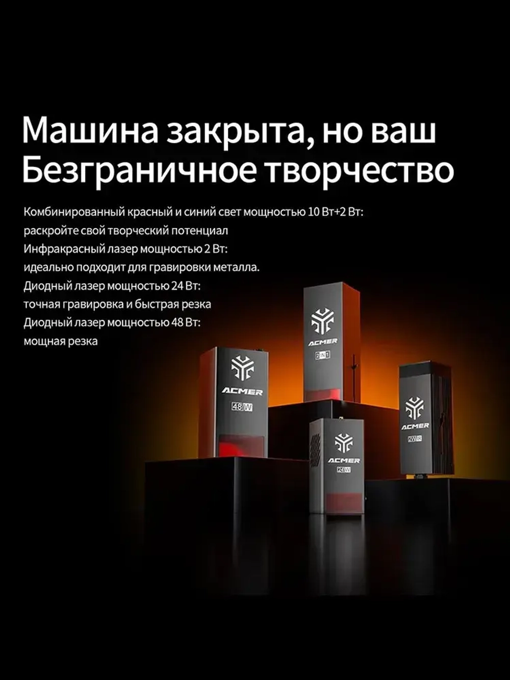 Лазерный гравёр ACMER P3 48 Вт закрытого типа гравировка по дереву, акрилу, коже и МДФ, рабочая зона 400 390 мм, высокая точность