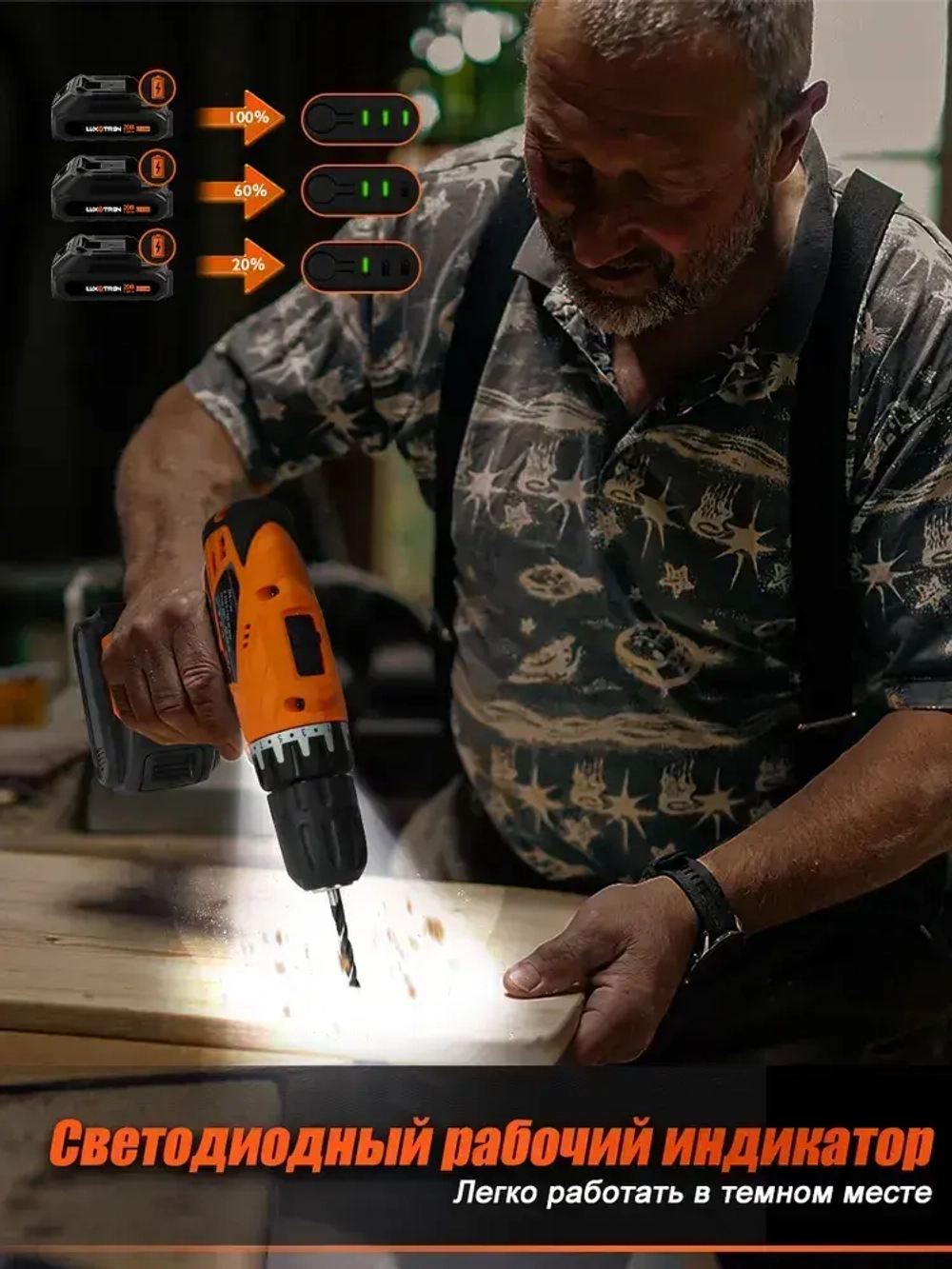 Аккумуляторная дрель-шуруповерт Luxotron, 20 В, 20+1 крутящий момент, 30 Н.м макс, 2 аккумулятора и светодиодная рабочая подсветка