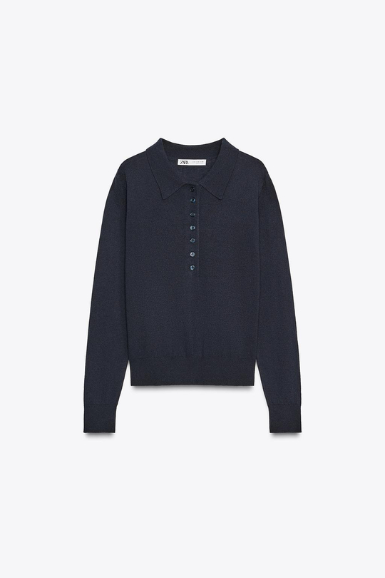 ZARA ОДНОТОННЫЙ ТРИКОТАЖНЫЙ СВИТЕР ПОЛО, МОРСКОЙ СИНИЙ