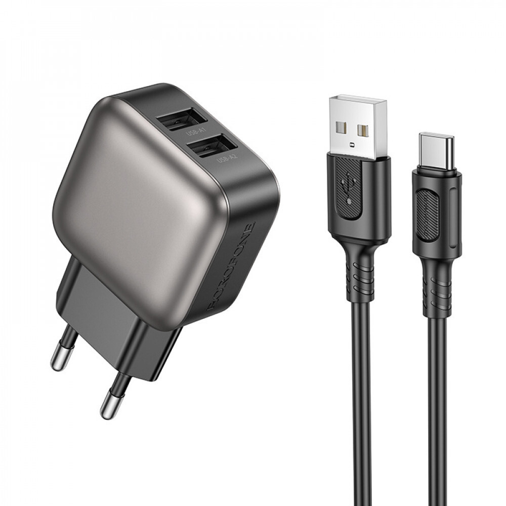 Сетевой адаптер питания BOROFONE BAS51A 2USB 2.4A + кабель Type-C (черный)