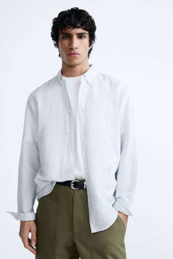 ZARA РУБАШКА ИЗ СМЕСОВОГО ЛЬНА, БЕЛЫЙ/НЕБЕСНО-ГОЛУБОЙ