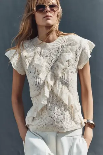 ZARA ТРИКОТАЖНЫЙ ТОП С ВОЛАНАМИ И ПЕРФОРАЦИЕЙ, ЭКРЮ