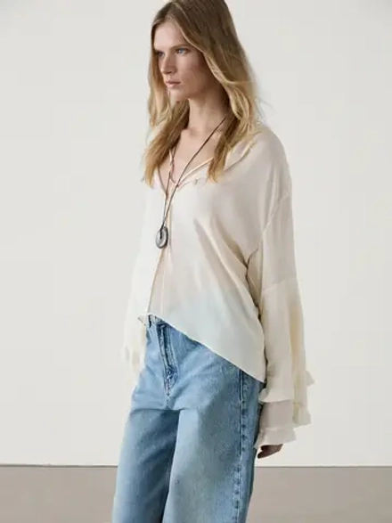 Massimo Dutti Рубашка с рюшами на рукавах, бежевый