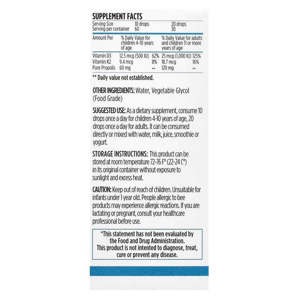 Bee&You, Водорастворимый прополис, витамины D3 и K2, 30 мл (1 жидк. Унция)