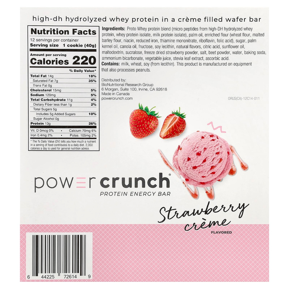 BNRG, Power Crunch®, протеиновый батончик, с клубничным кремом, 12 батончиков по 40 г (1,4 унции)