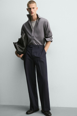 ZARA БРЮКИ RELAXED FIT ИЗ ХЛОПКА И ЛЬНА, МОРСКОЙ СИНИЙ