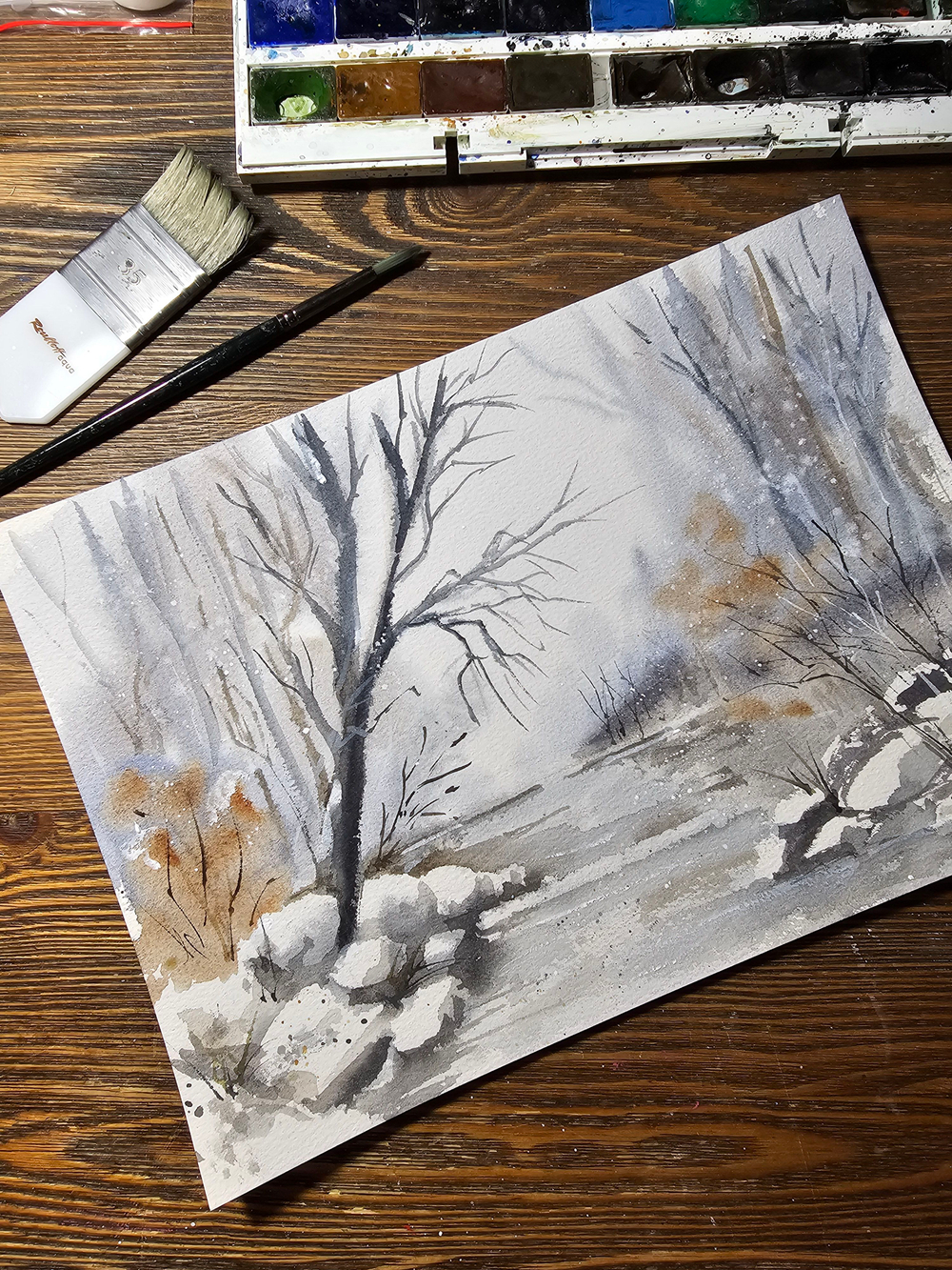 Картина авторская акварельная в паспарту 30х40 см на стену для интерьера "Предзимье"