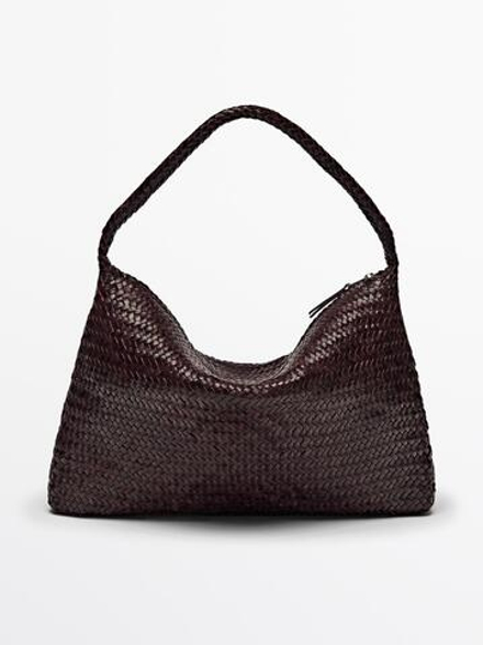 Massimo Dutti Плетеная сумка из кожи наппа с плечевым ремнем, бордо