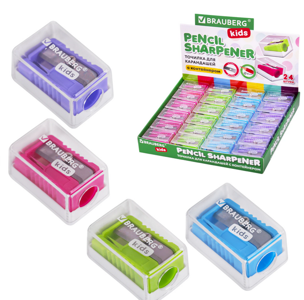 Точилка 1отв. пластик. с контейнером "Mini" пастельные цвета ассорти (BRAUBERG)