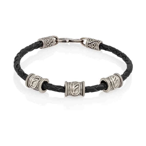 Браслет гайтан черный 3 мм с тремя рунами Феху Мельхиор, вид 1