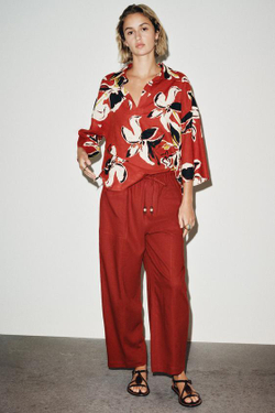 ZARA БРЮКИ ИЗ ЛЬНА СО ШНУРКОМ И БУСИНАМИ, ЧЕРЕПИЧНЫЙ