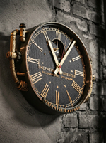 Настенные часы Oriental Express WOODandROOT на кирпичной стене, объёмный корпус и открытая лицевая часть