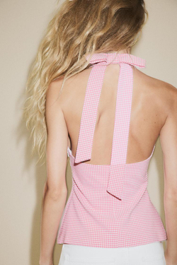 ZARA ТОП С ГОРЛОВИНОЙ ХАЛТЕР И БАНТОМ НА СПИНЕ, РОЗОВЫЙ/БЕЛЫЙ