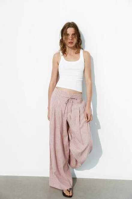 ZARA БРЮКИ В ПОЛОСКУ ИЗ СМЕСОВОГО ЛЬНА СО ШНУРКОМ, РОЗОВЫЙ