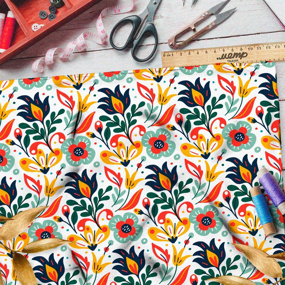 Ткань футер 2-х нитка яркие цветы из советского мультика