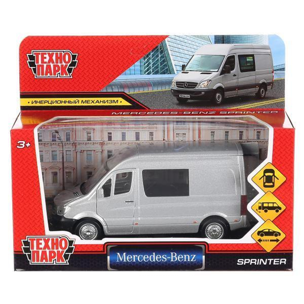 Модель ин. мет. "Mercedes-Benz Sprinter" 14см, двери, серебристый, коробка SPRINTERVAN-14-SR(Технопарк)
