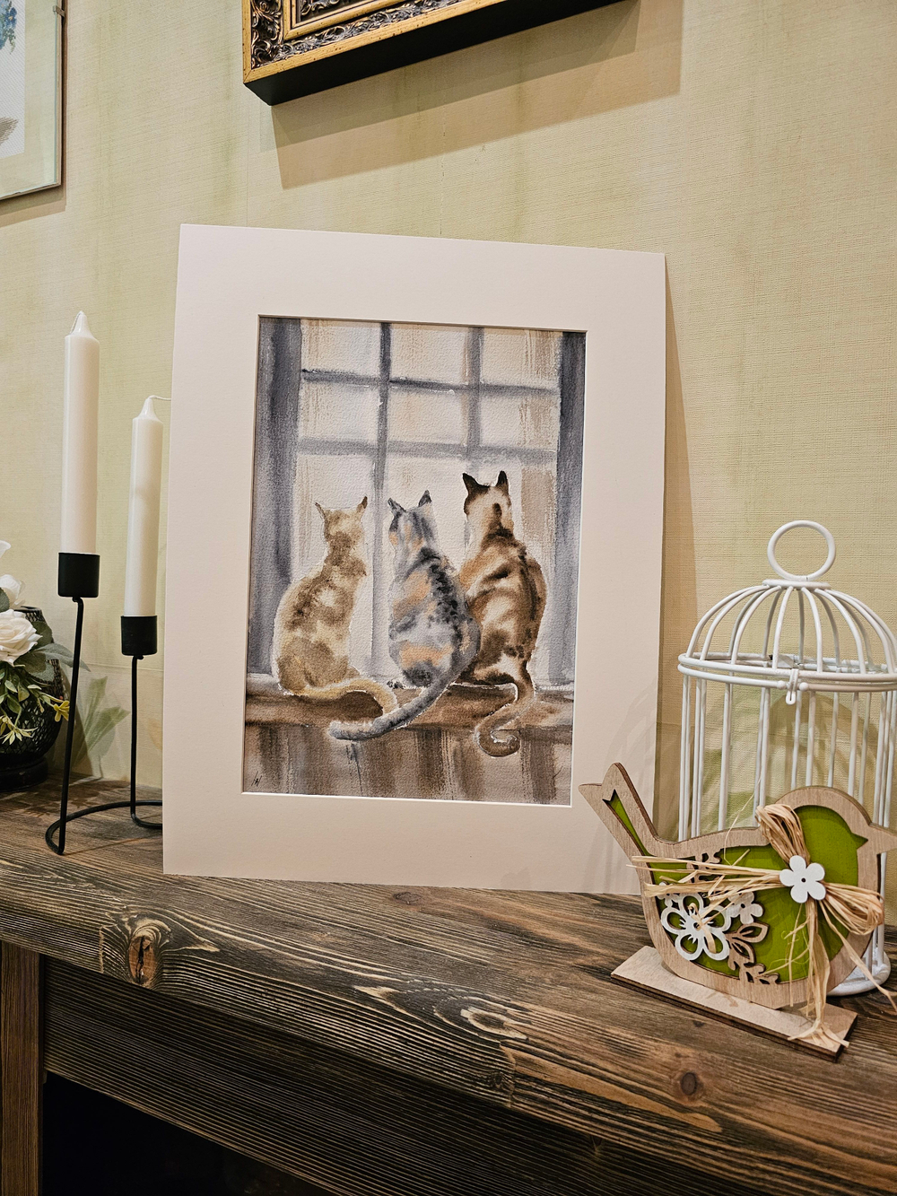 Картина авторская акварельная в паспарту 30х40 см на стену для интерьера "Кошки на окошке"