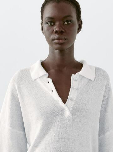 Massimo Dutti Свитер оверсайз с воротником поло, белый