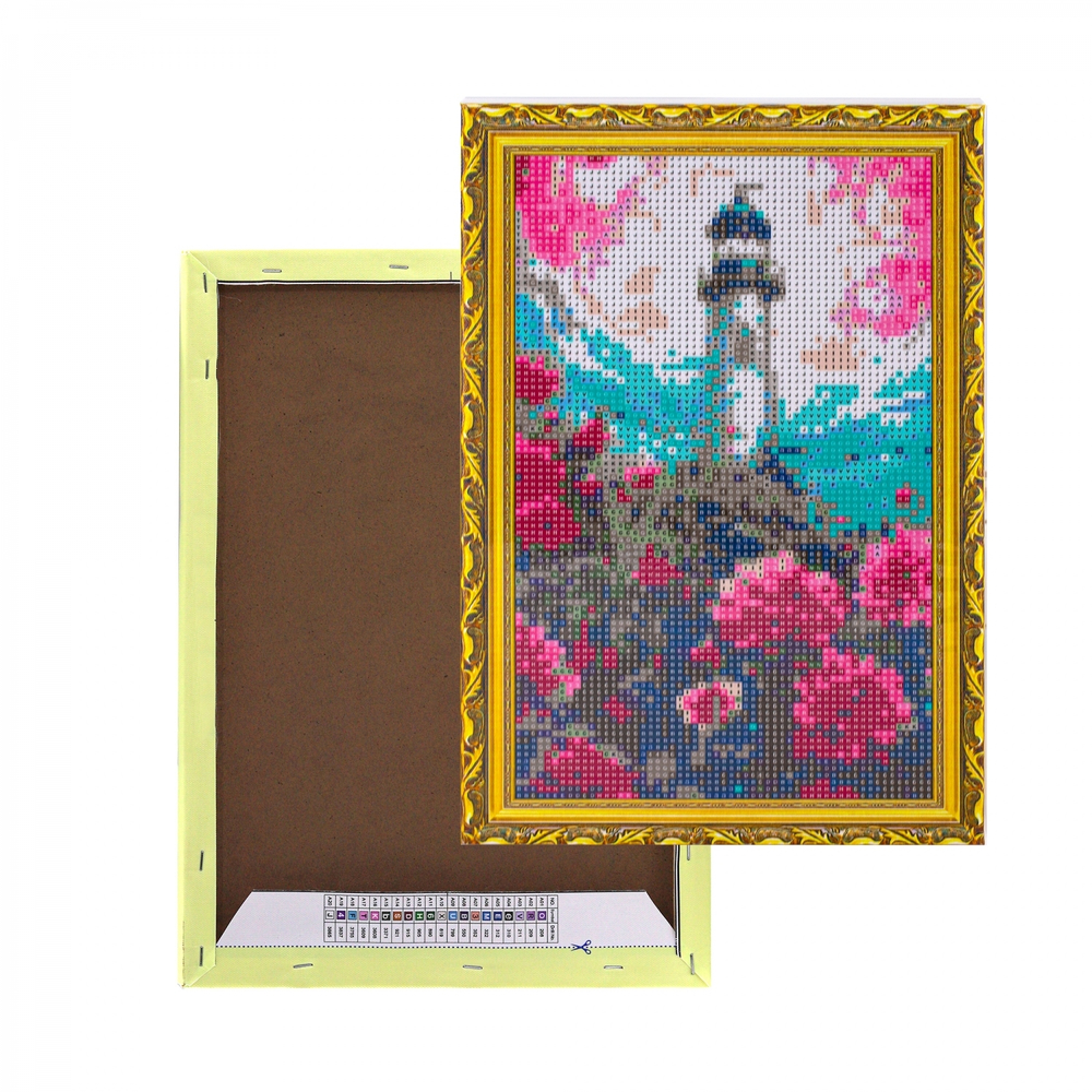 Алмазная мозаика Alingar, на подрамнике, с полным заполнением, (глянц), 20х30 см, 20 цветов, "Маяк и море цветов"