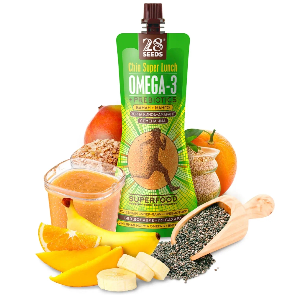 Супер-ланч Чиа ОМЕГА-3 «Банан + Манго» 220 г 28SEEDS — полезный супер-ланч с семенами чиа, зернами киноа и амаранта