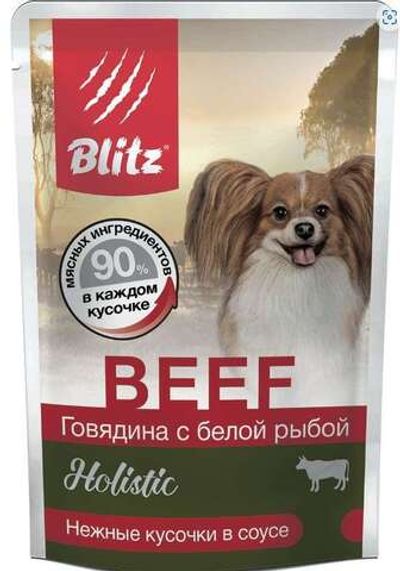 Влажный корм BLITZ Holistic BEEF для собак мелких  пород кусочки в соусе Говядина с Белой рыбой, паучи 85г