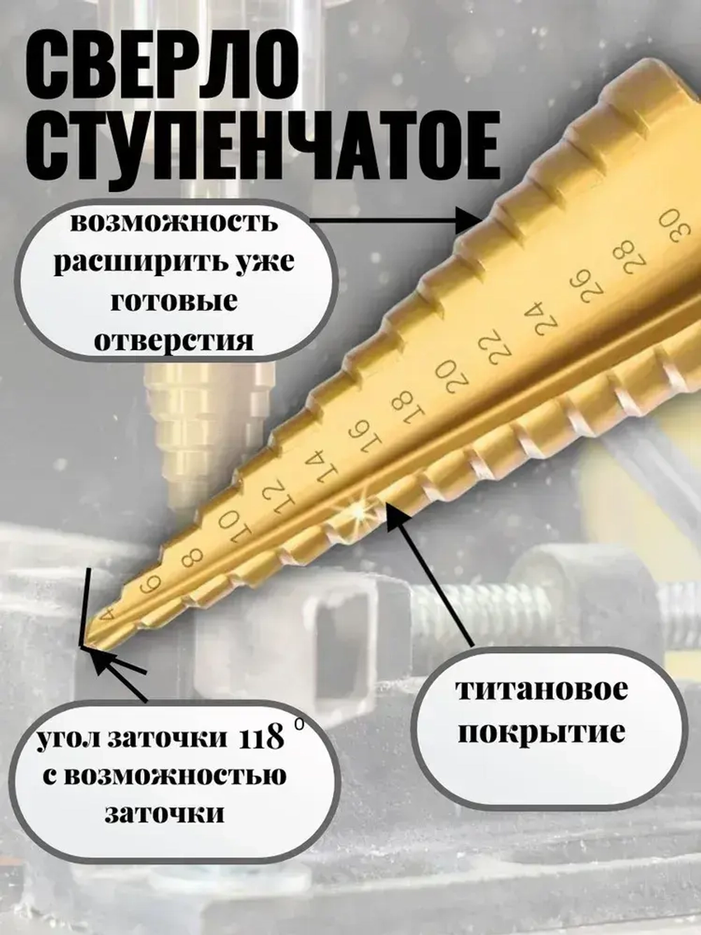 Ступенчатое сверло по металлу; по дереву; по пластику 4-32 мм с титановым покрытием и шестигранным хвостовиком