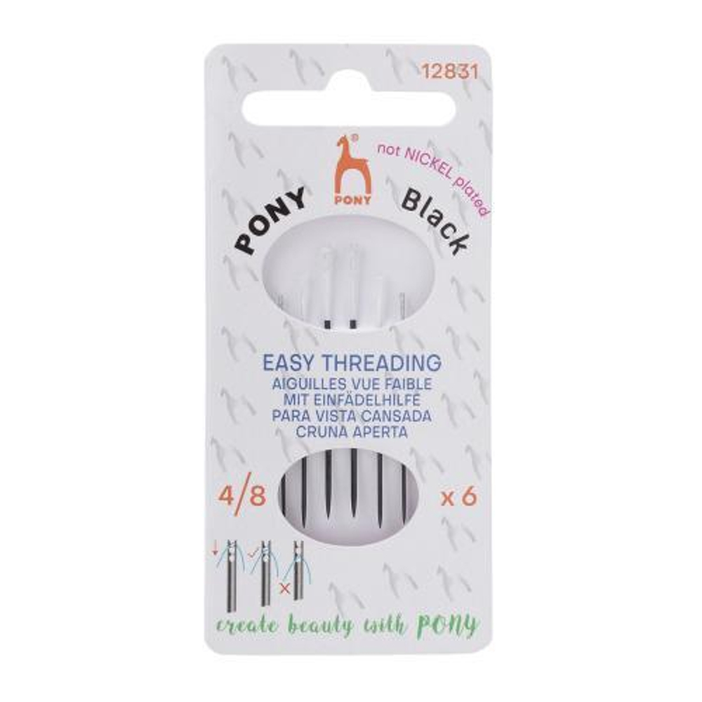 12831 Иглы ручные Easy Threading BLACK №4-8 c белым ушком, 6шт, PONY