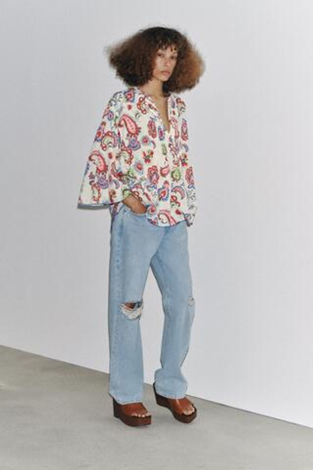 ZARA РУБАШКА С ПРИНТОМ ZW COLLECTION, БЕЛЫЙ/КРАСНЫЙ