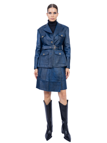 Женская кожаная юбка синяя с накладным карманом 