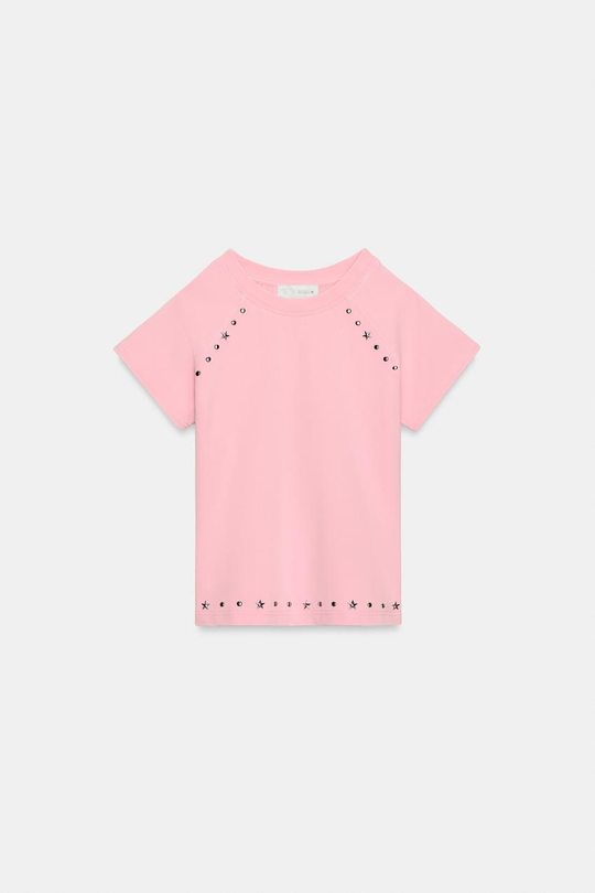 ZARA ФУТБОЛКА ИЗ ТКАНИ С ЭФФЕКТОМ ПОТЕРТОСТИ И ЗАКЛЕПКАМИ, РОЗОВЫЙ