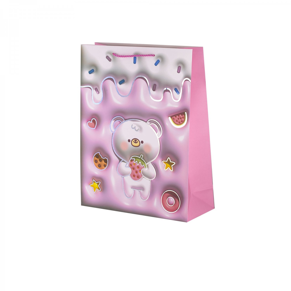 Пакет подарочный бумажный Alingar, (М) 18х23х10 см, вертикальный, "Милые мишки", мат. ламинация, тиснение голография, эфффект 3D, ассорти