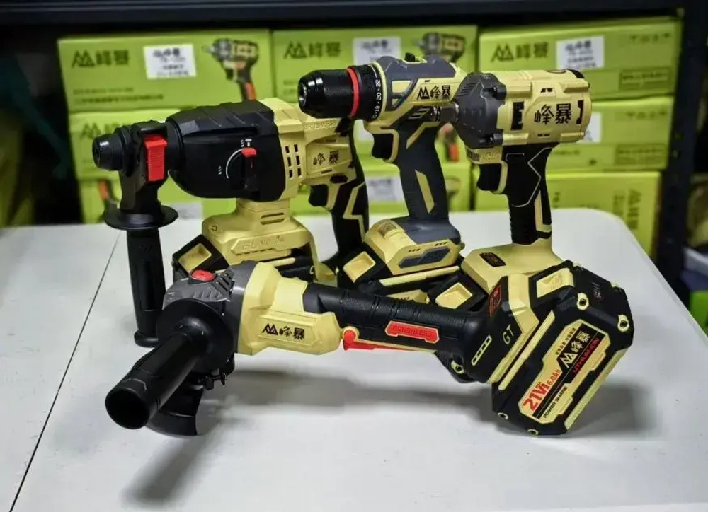 Набор инструментов Feng Bao 4 в 1, Дрель- шуруповерт 1321, Ушм 5230 кейс, Гайковерт 650, Перфоратор 8020