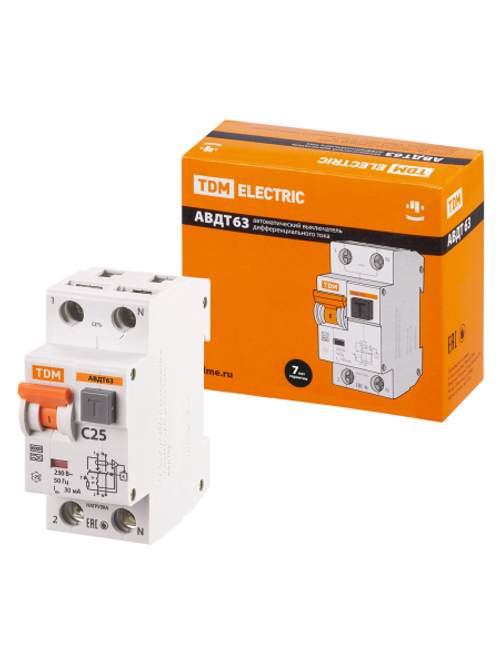 Автоматический выключатель дифференциального тока 2П 25А 30мА TDM АВДТ-63 характеристика С