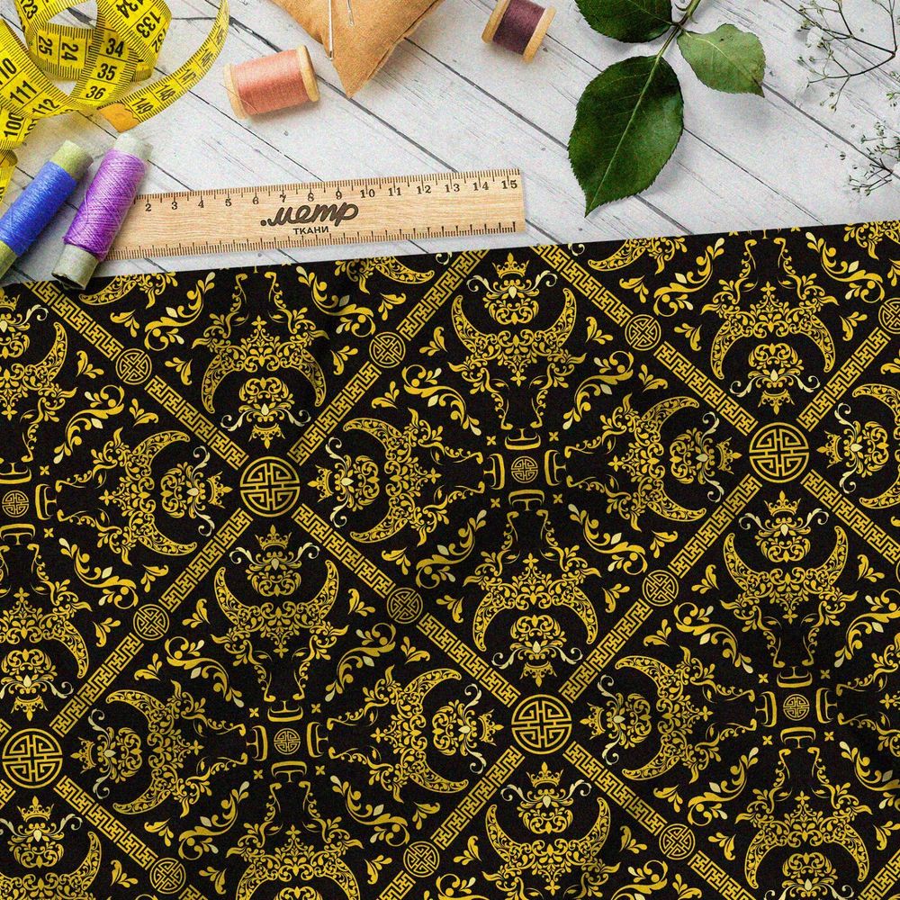 Ткань атлас богатый самурайский узор на чёрном фоне