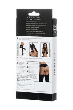 Glossy ALMIRA - Комплект из материала Wetlook (пояс с пажами для чулок и трусики), черный, S
