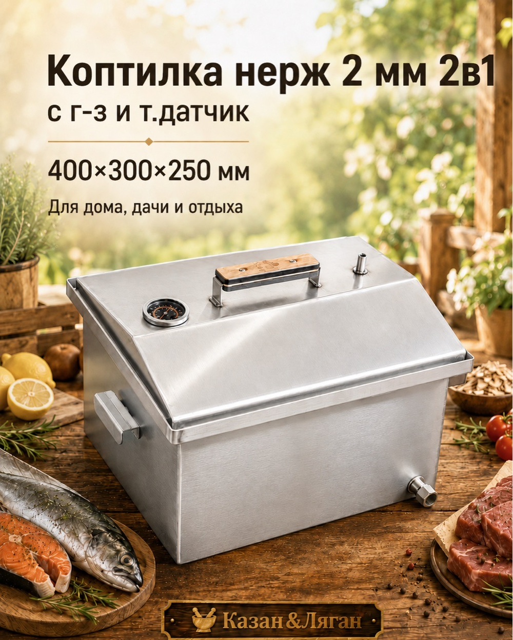 Коптилка нерж 2 мм 2 в 1 с г-з и т.датчик 400*300*250 мм