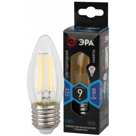 Лампочка светодиодная ЭРА F-LED B35-9w-840-E27 Е27 / Е27 9Вт филамент свеча нейтральный белый свет