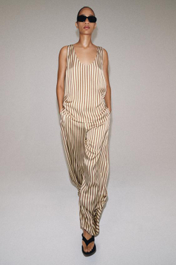ZARA БРЮКИ BALLOON В ПОЛОСКУ ZW COLLECTION, ЭКРЮ/ГРАНАТОВЫЙ