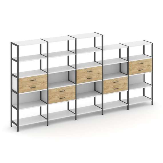Shelf System Пятисекционный стеллаж пятиярусный с ящиками SN.STM-551 Белый/Тиквуд Светлый/Металл Ант