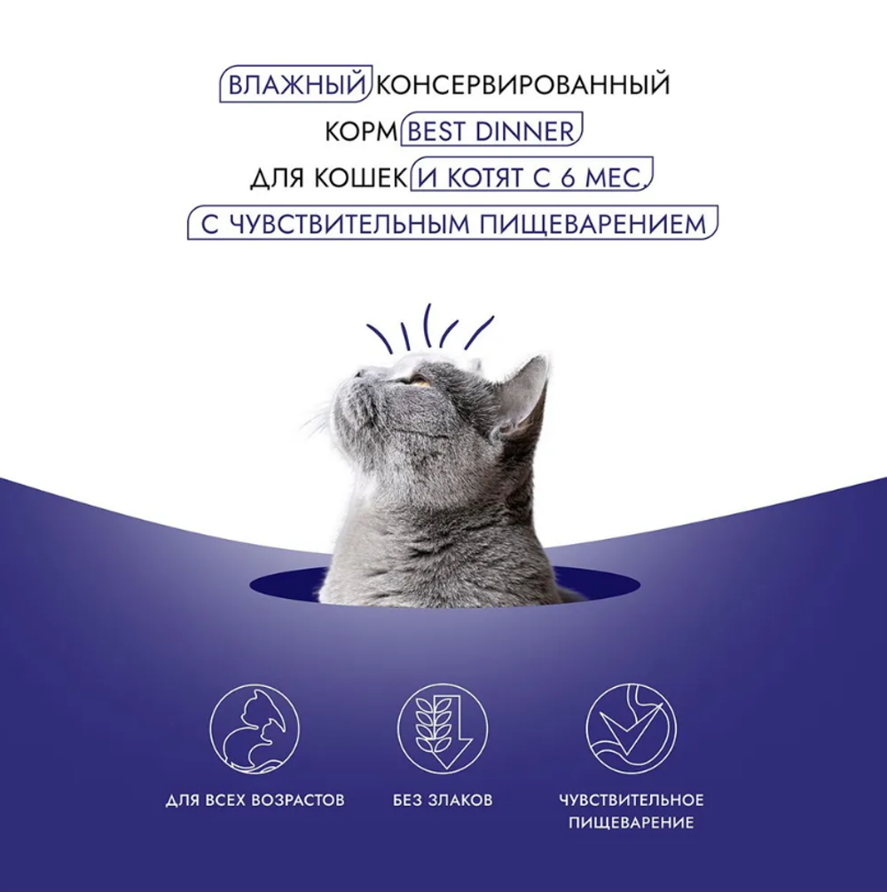 Влажный холистик корм для кошек и котят с чувствительным пищеварением Best Dinner High Premium 0,1кг натуральная перепелка. 12 упаковок