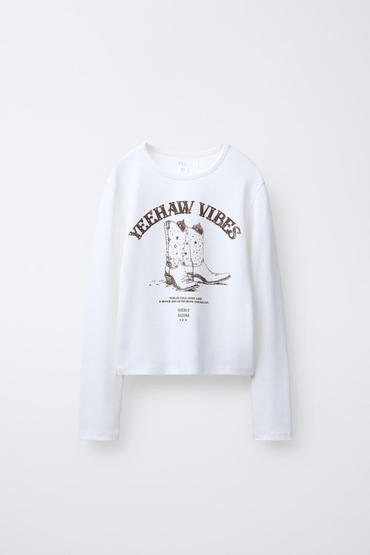 ZARA ФУТБОЛКА С НАДПИСЬЮ COWGIRL, БЕЛЫЙ