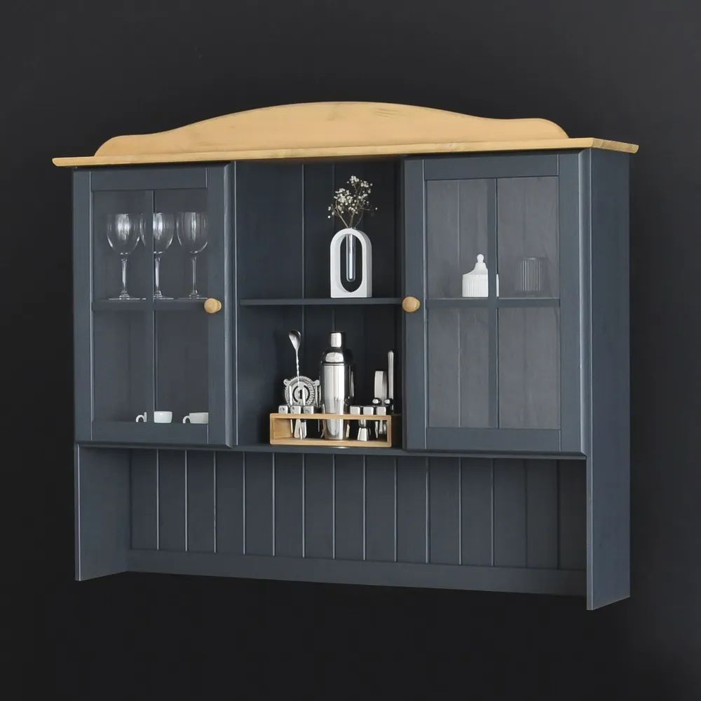 Витрина 132х28х109, Лена, стеклянная для посуды, буфет шкаф двухдверный, массив сосны, с 3 полками (верхняя часть буфета Лена), серый, Dipriz