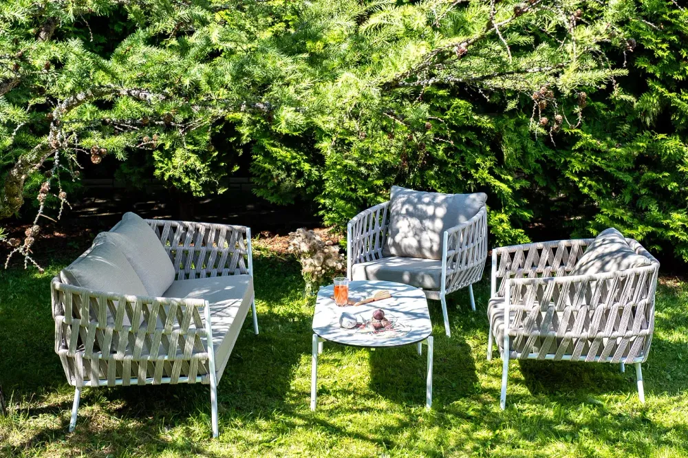 "Диего" лаунж-зона 4-местная плетеная из роупа (веревки), каркас алюминиевый белый, роуп бежевый