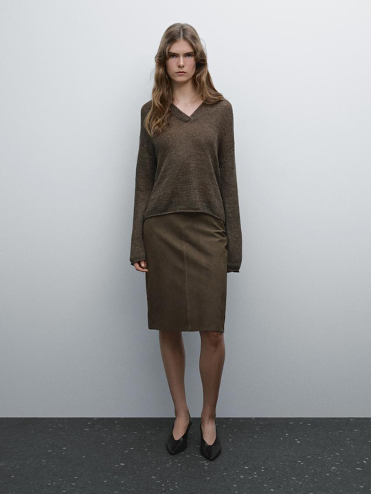 Massimo Dutti Свитер из 100% льна с воротником поло, зеленый