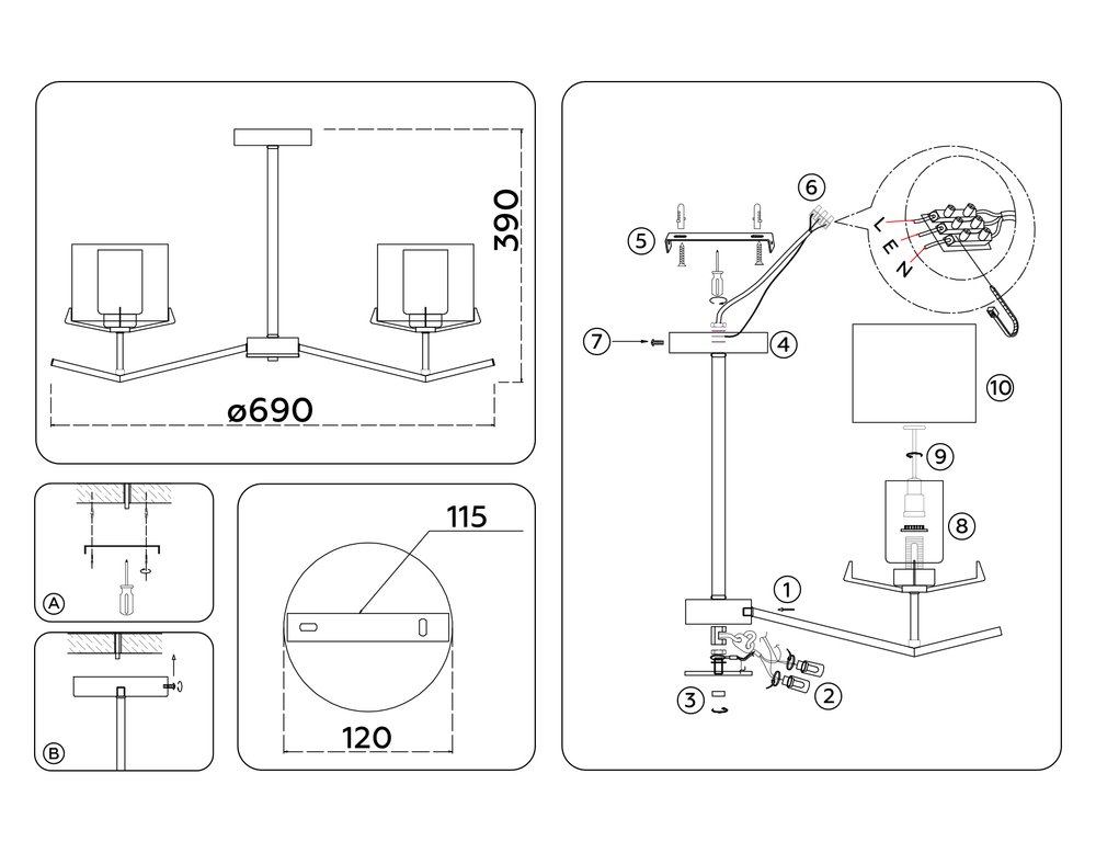 Светильник подвесной LH57007/5 BS/FR латунь/белый матовый E14/5 max 40W D690*390